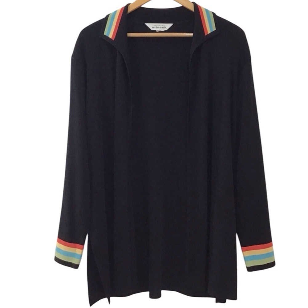 Misook Black Open Front Cardigan With Colorful Accents Size L